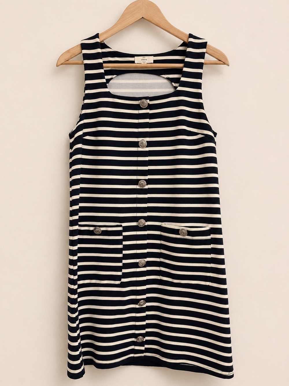 NWOT Entro Navy & Cream Striped Button Front Sleeveless Dress Tunic Size Medium